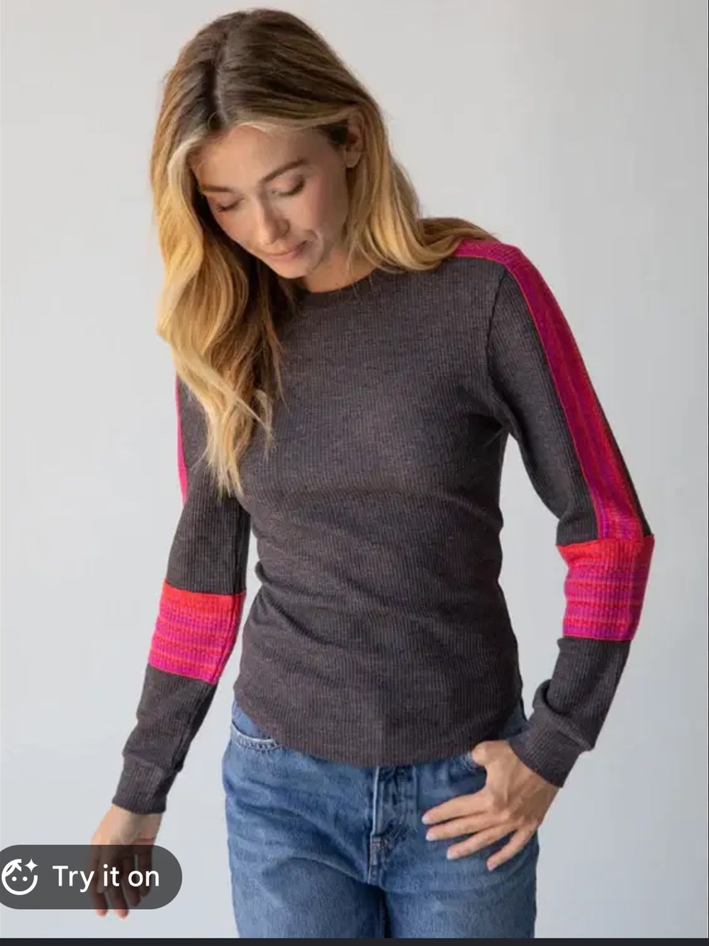 NATURAL LIFE Charcoal Sweater with Pink and Fuchsia Sleeve Stripes medium
